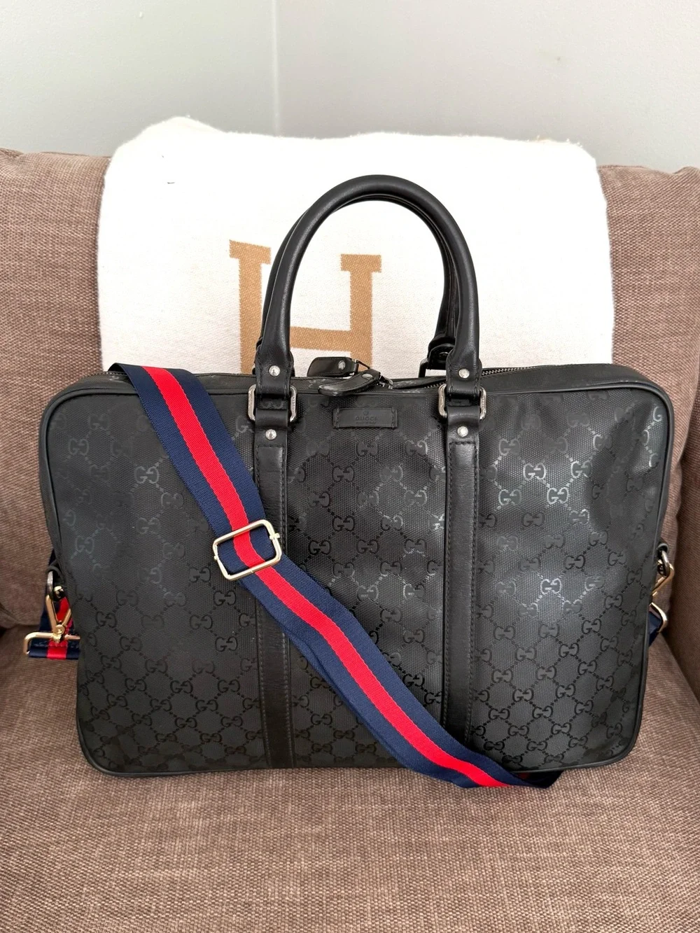 Gucci authentic black monogram imprime coated canvas unisex laptop bag